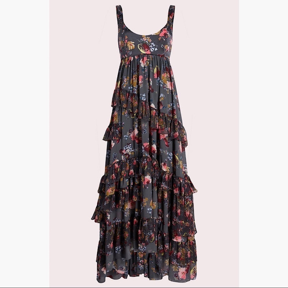 cinq a sept Floral Tiered Maxi Dress in Charcoal with Pink and Mustard Accents